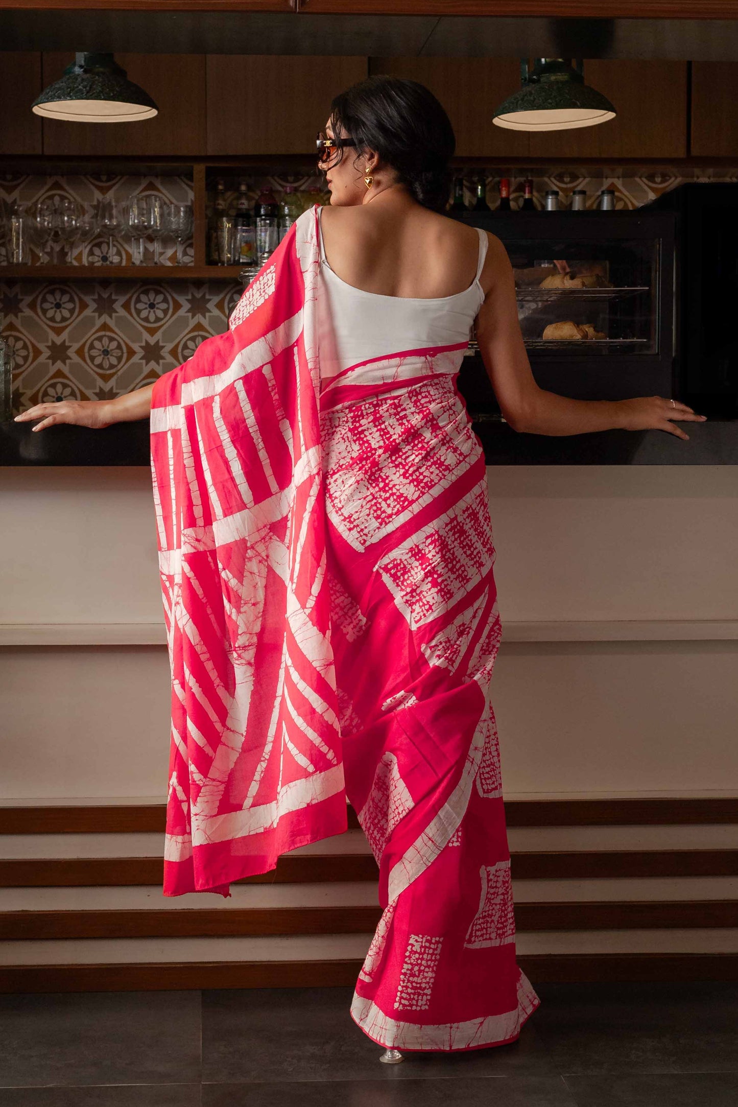Madhubala Hand Block Print Pink Mul Mul Cotton Saree