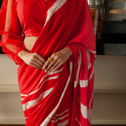 Mallika Hand Block Print Red Mul Mul Cotton Saree
