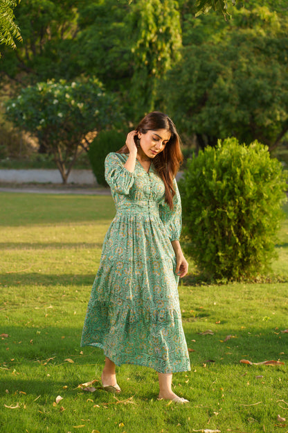 Gulbahar Mint Green Cotton Block Print Maxi Dress