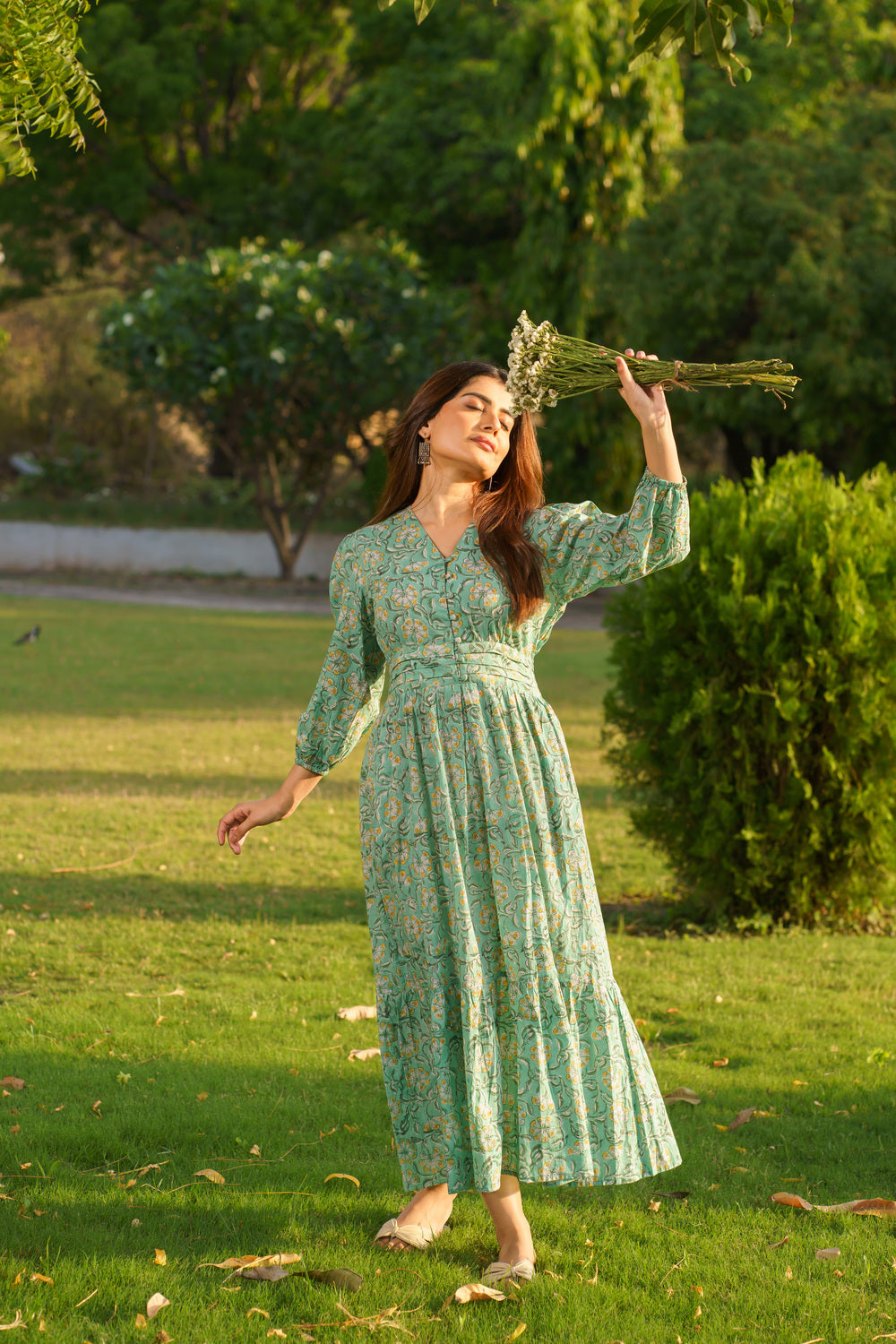 Gulbahar Mint Green Cotton Block Print Maxi Dress