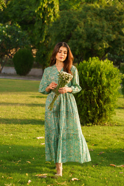 Gulbahar Mint Green Cotton Block Print Maxi Dress