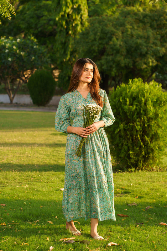 Gulbahar Mint Green Cotton Block Print Maxi Dress