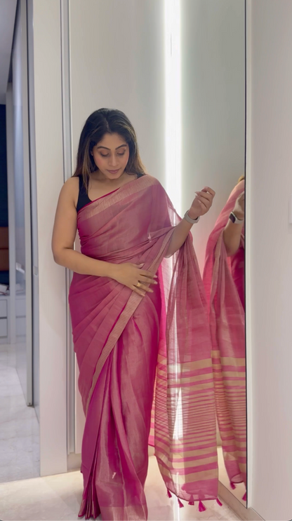 Dusky Pink Linen Tissue Ready To Wear Pocket Saree