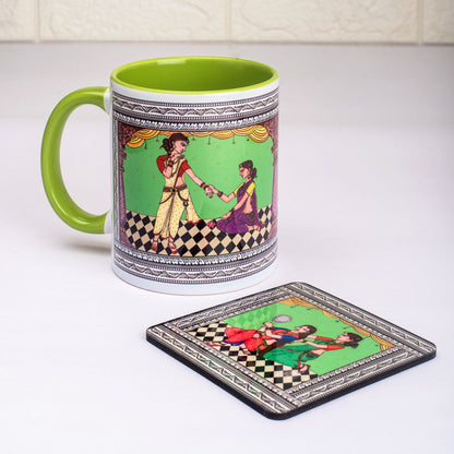 Shringaar Pattachitra Mug with Coaster - Green