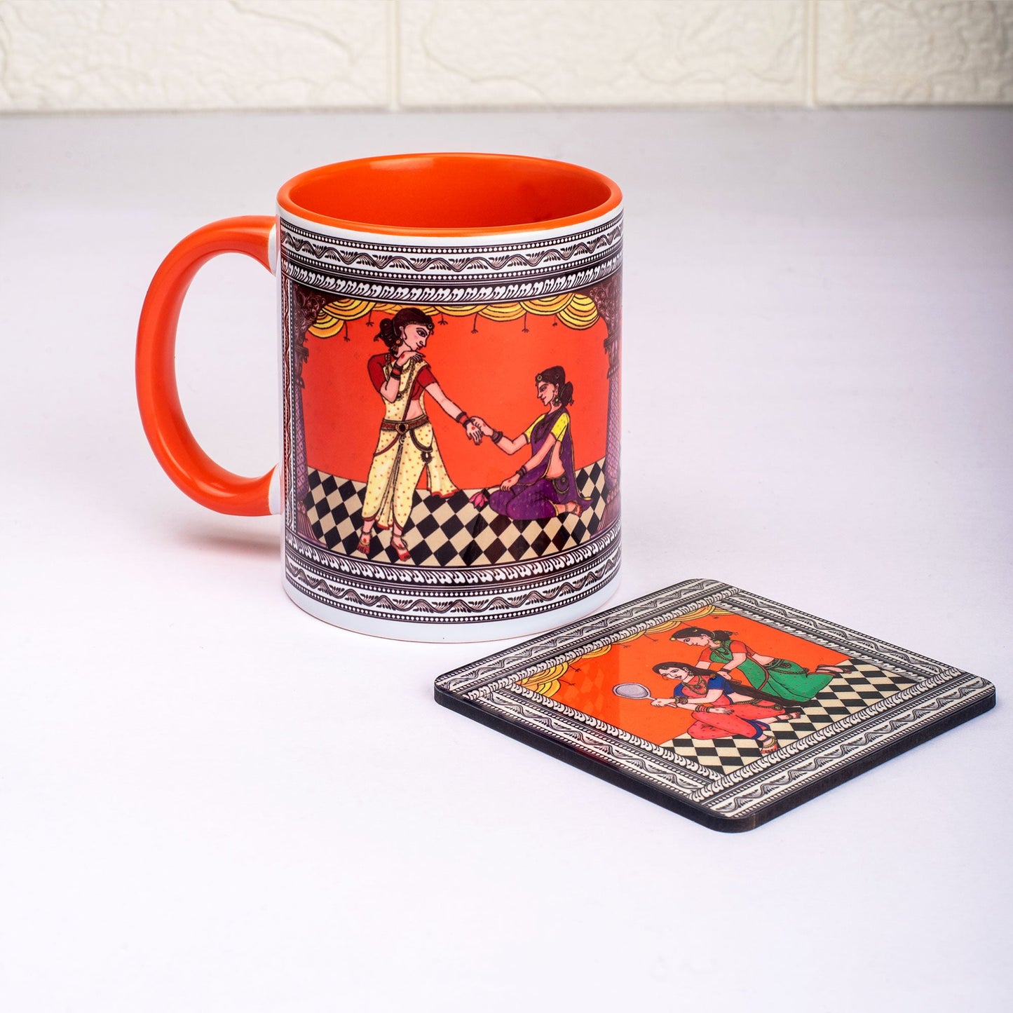 Shringaar Pattachitra Mug with Coaster - Orange