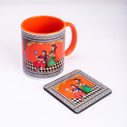 Shringaar Pattachitra Mug with Coaster - Orange