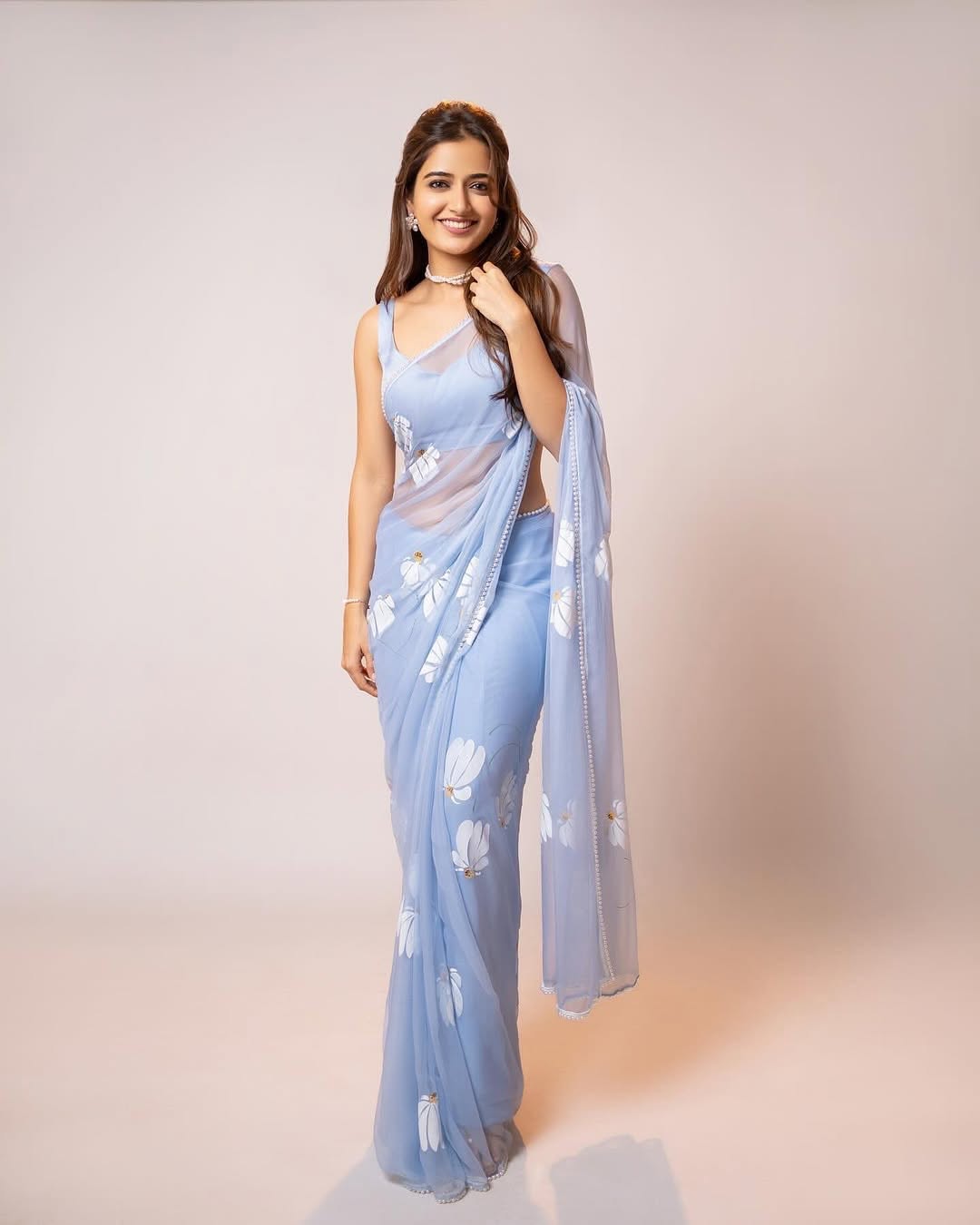 Ash Blue Half-Daisies Chiffon Saree