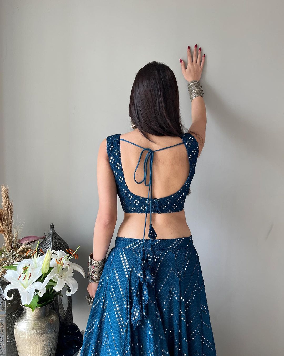 Teal Blue Mirror Work Lehenga Set