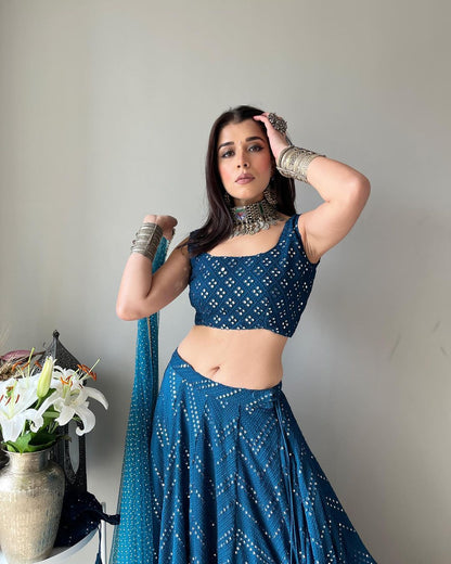 Teal Blue Mirror Work Lehenga Set