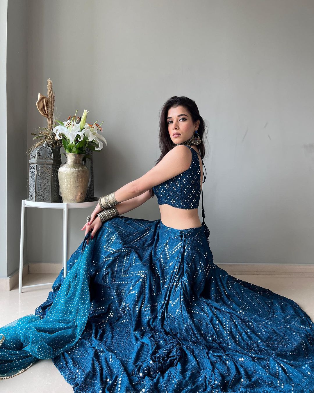 Teal Blue Mirror Work Lehenga Set