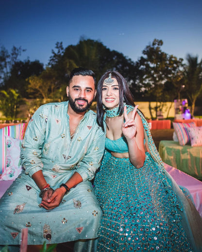 Blue Mirror And Chikankari Lehenga Set