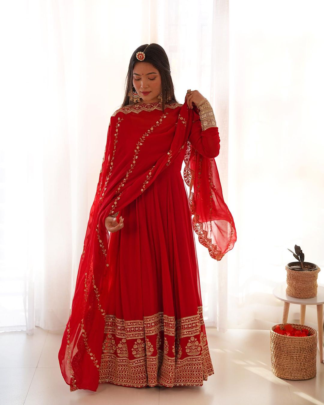 Elegant Red Anarkali Suit with Zari & Sequin Embroidery