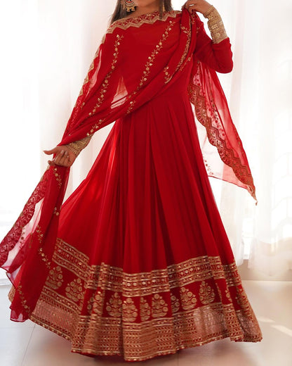 Elegant Red Anarkali Suit with Zari & Sequin Embroidery