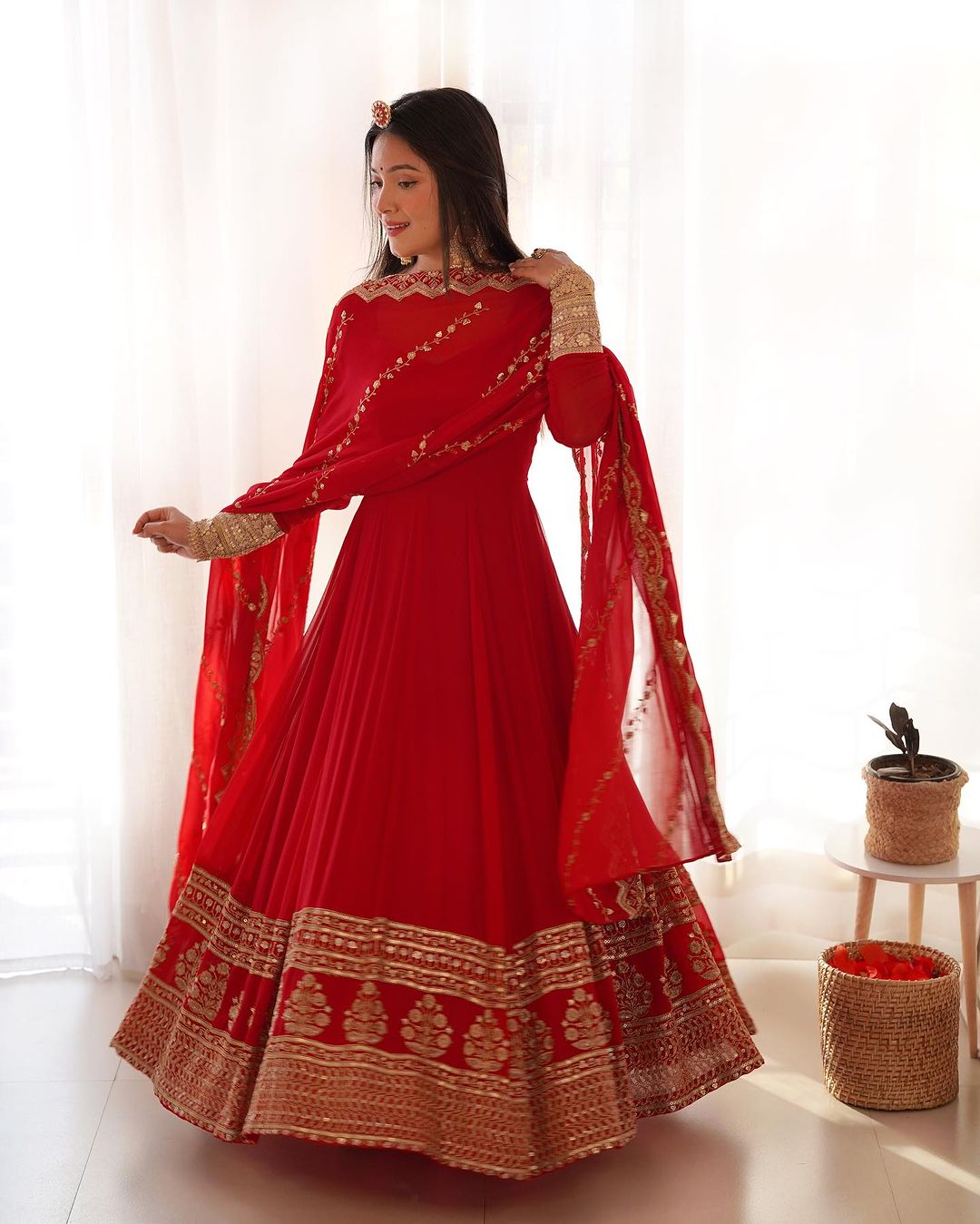 Elegant Red Anarkali Suit with Zari & Sequin Embroidery