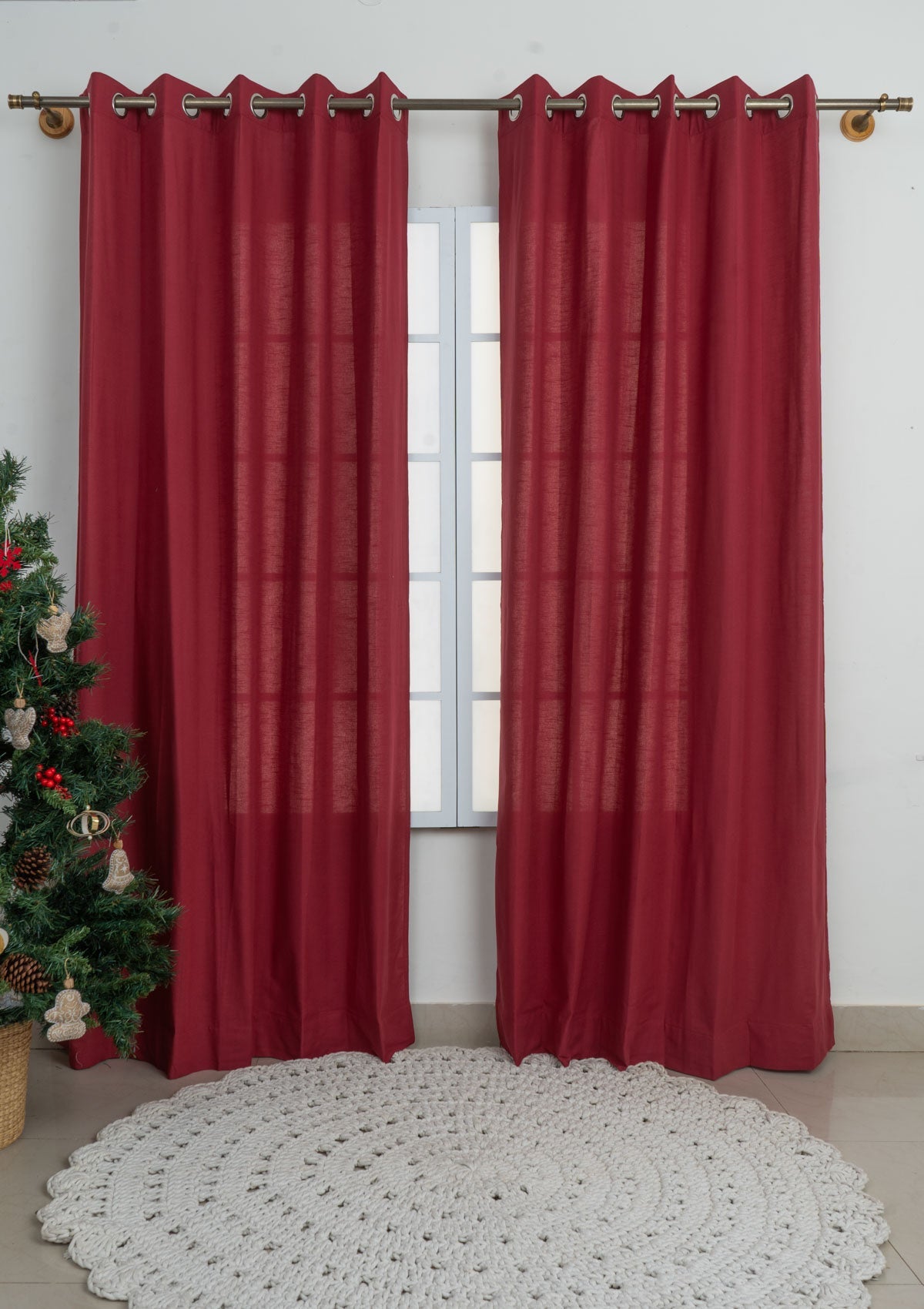 Room Darkening - Wine Red Pure Cotton Plain Curtain