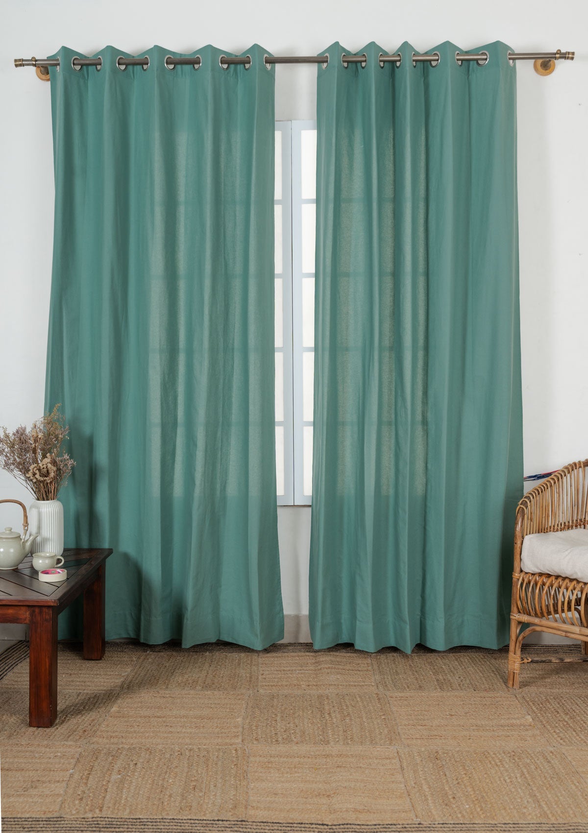 Room Darkening - Solid Aqua Blue Cotton Plain Curtain