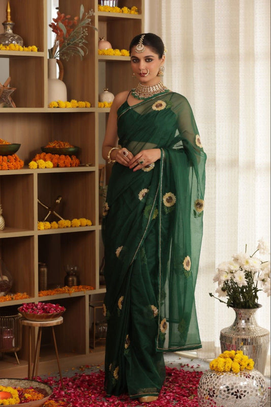 Sunflower Hand-Embroidered Silk Organza Saree