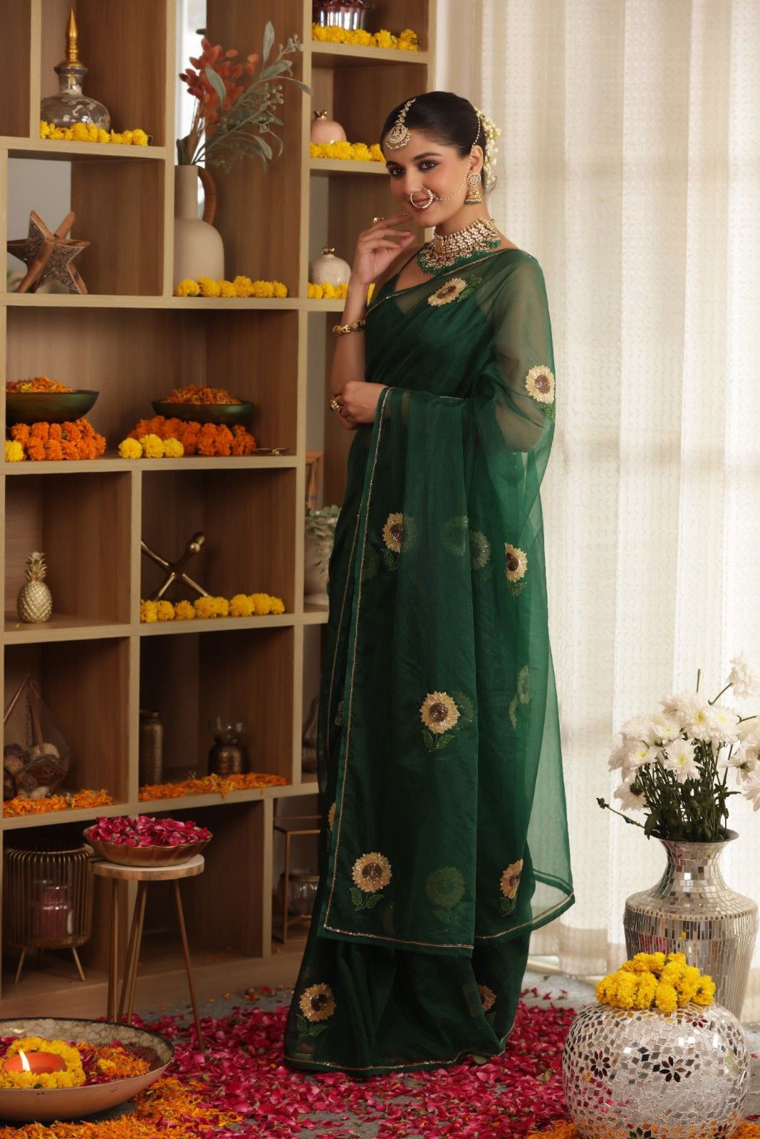 Sunflower Hand-Embroidered Silk Organza Saree