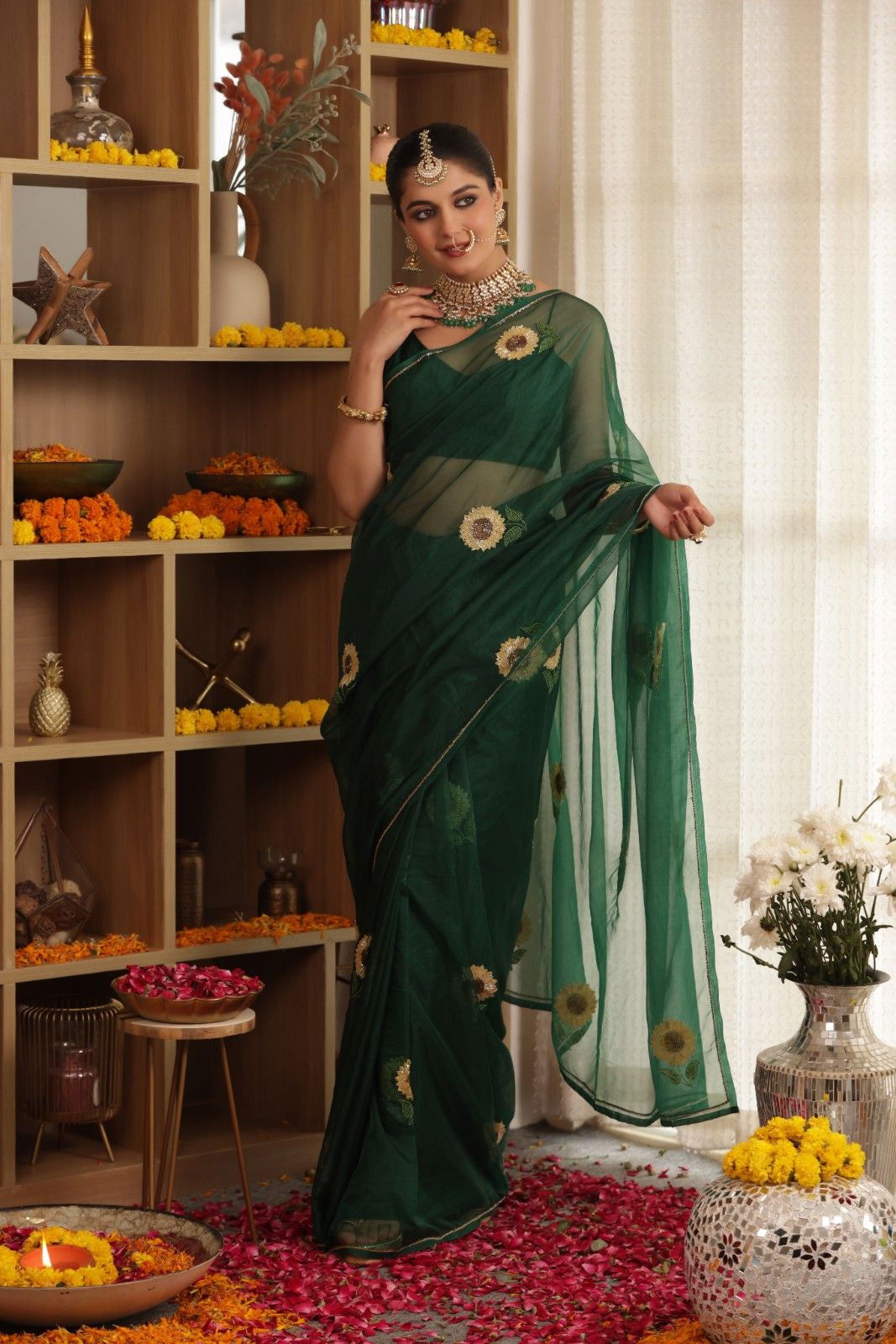 Sunflower Hand-Embroidered Silk Organza Saree