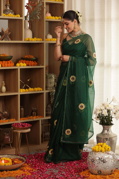 Sunflower Hand-Embroidered Silk Organza Saree