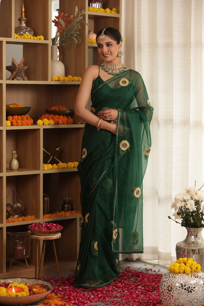 Sunflower Hand-Embroidered Silk Organza Saree