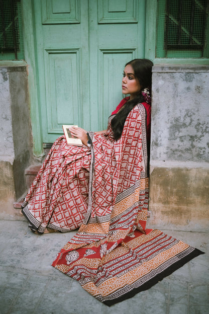 Brick Red Bagru Saree Handblock Print Natural Dyed Mulmul Cotton Saree