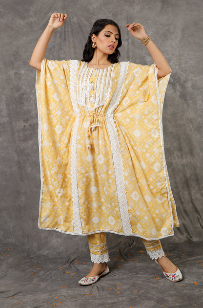 Yellow/Peach Long Kaftan Set with Embroidered Pants