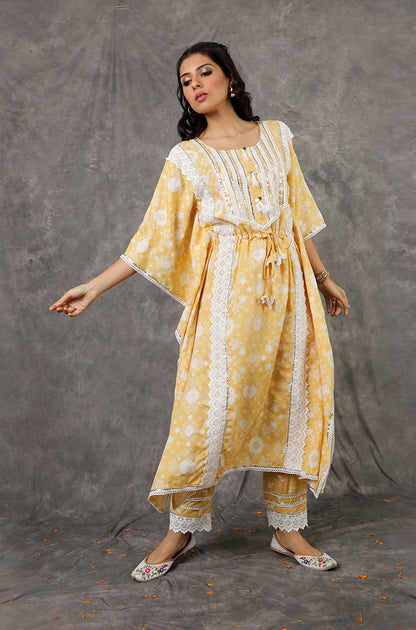 Yellow/Peach Long Kaftan Set with Embroidered Pants