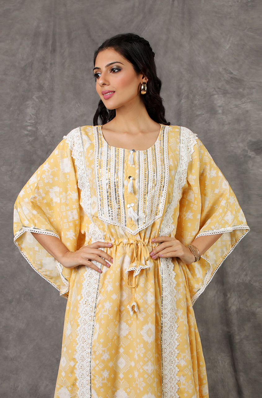 Yellow/Peach Long Kaftan Set with Embroidered Pants