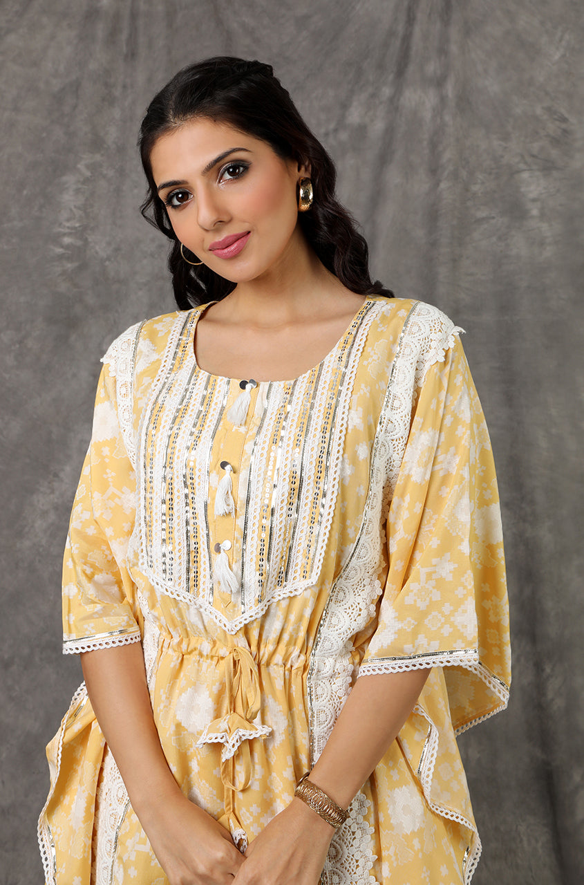 Yellow/Peach Long Kaftan Set with Embroidered Pants