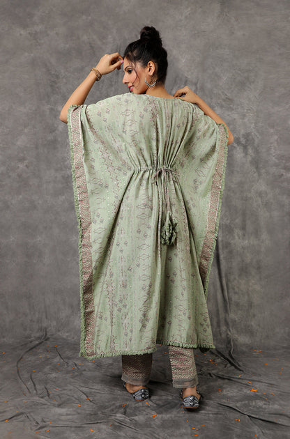 Green/Peach Kaftan Set With Embroidered Pants