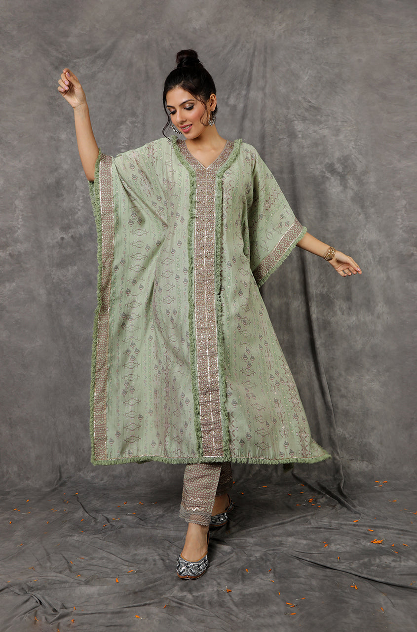 Green/Peach Kaftan Set With Embroidered Pants