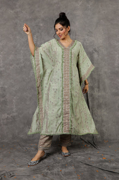 Green/Peach Kaftan Set With Embroidered Pants