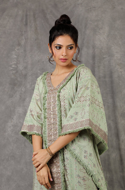 Green/Peach Kaftan Set With Embroidered Pants