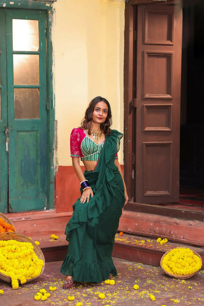 Green Ruffle Cotton Saree