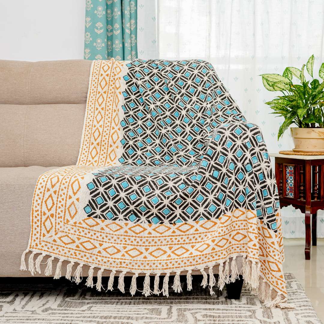 Teal Block Print Sofa Throw