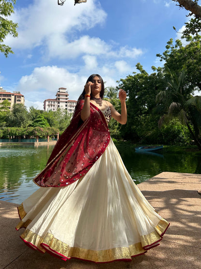 Maroon White Chiffon Cotton Lehenga