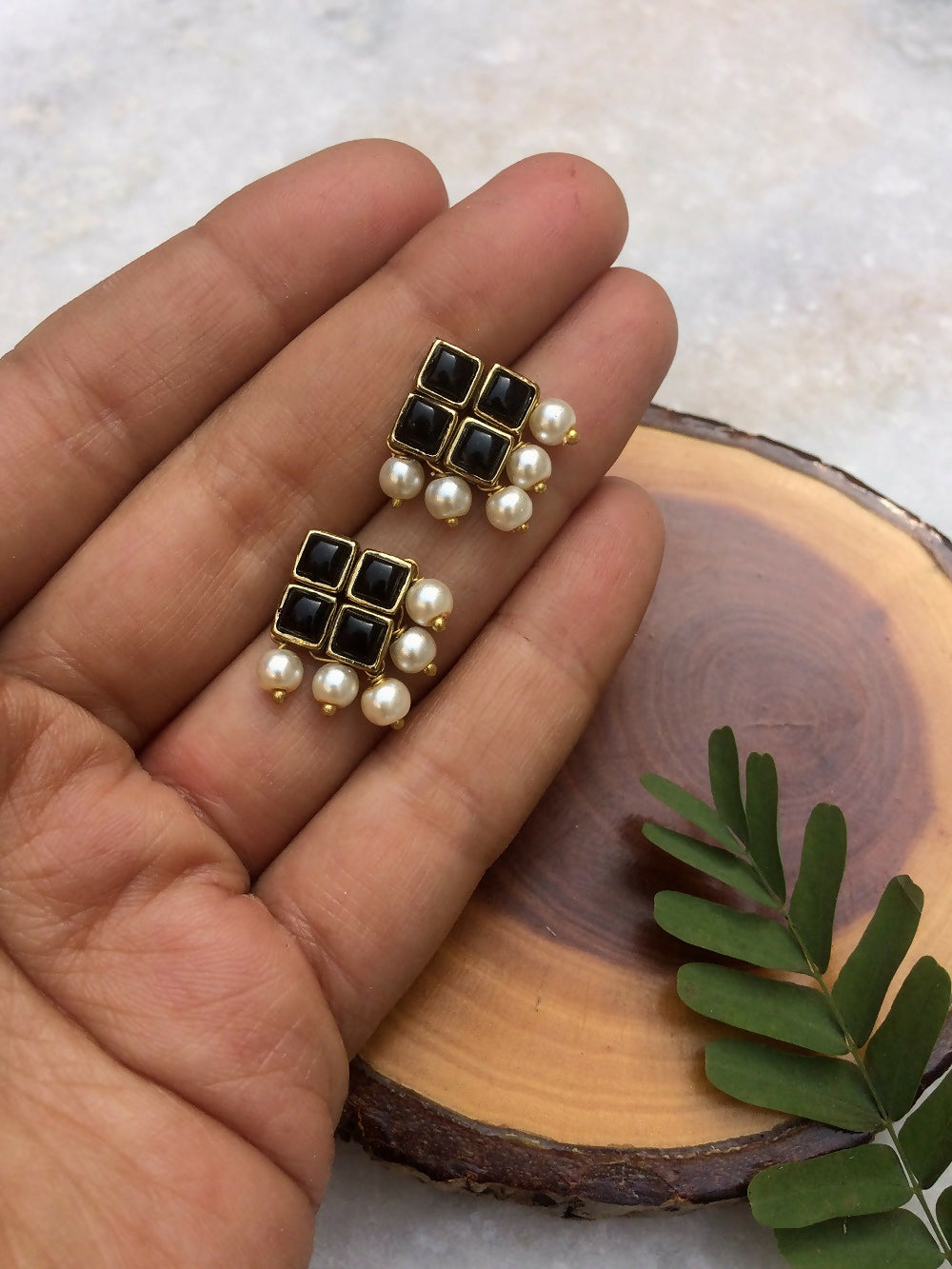 Resin Stone and Pearl Stud Earrings