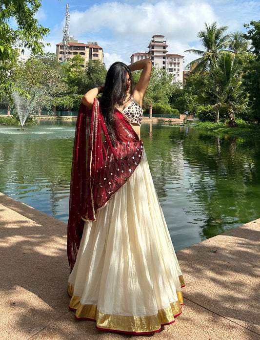 Maroon White Chiffon Cotton Lehenga