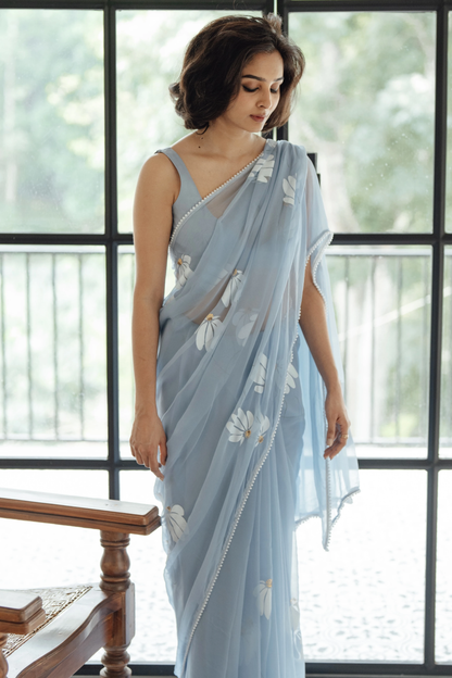 Ash Blue Half-Daisies Chiffon Saree