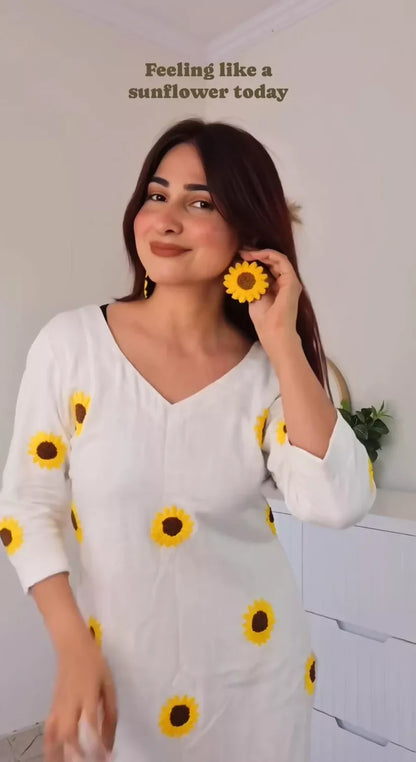 Hand embroidered Cotton Linen Sunflower Kurta Set