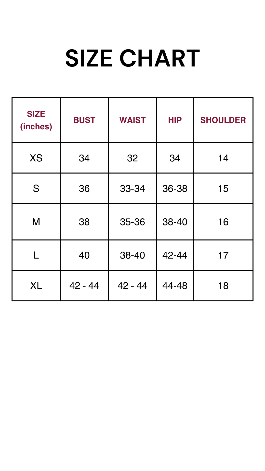 Size chart for shirt & top