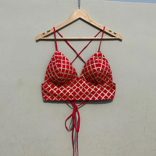 Red Checks Gotta Gujrati Embroidery Bralette