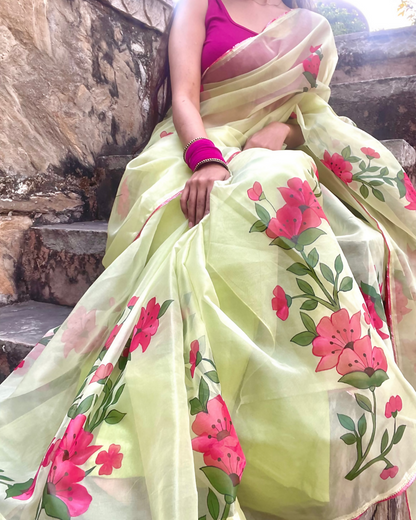 pistachio 'nazaara' hand-painted saree (2)