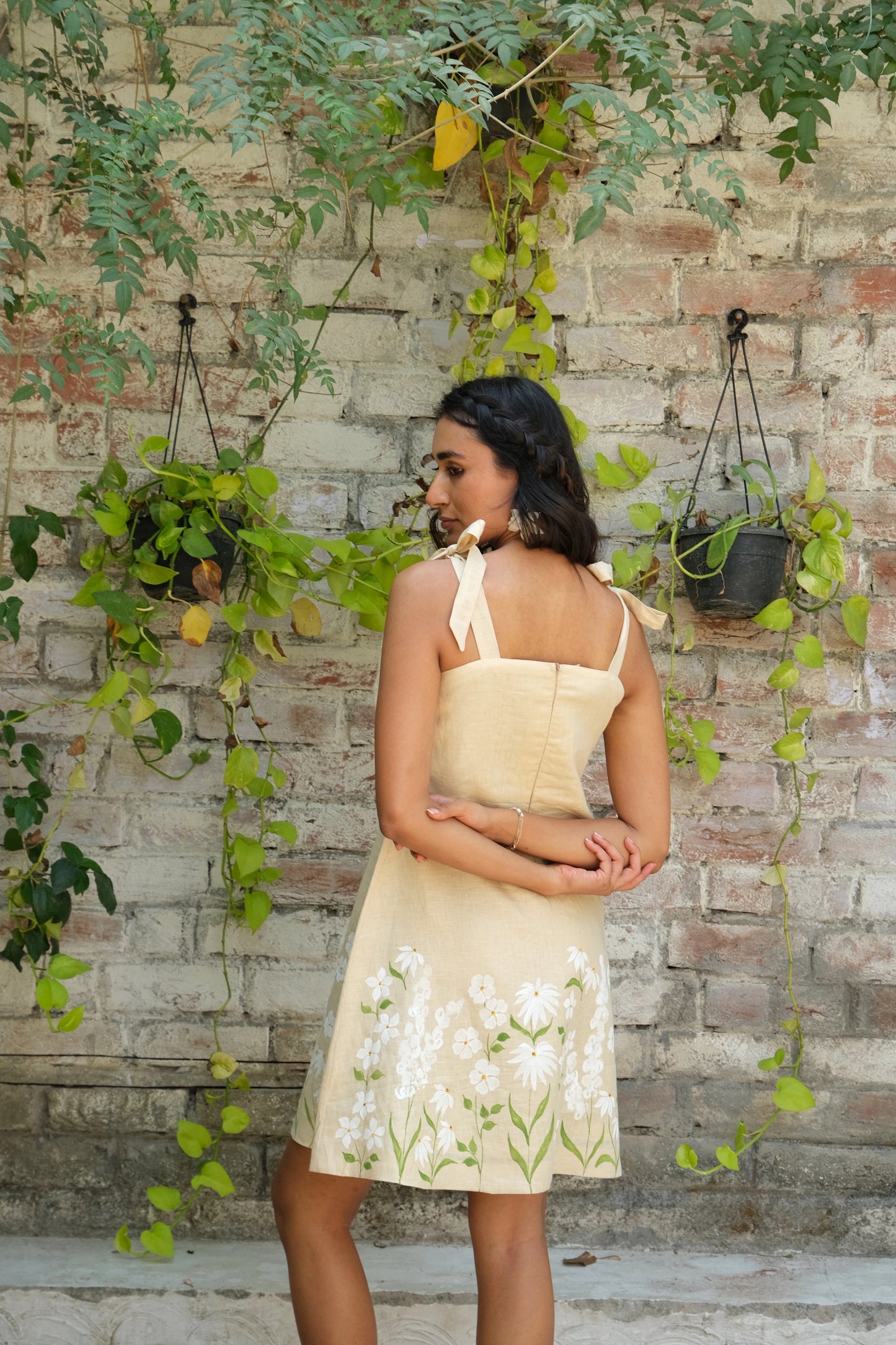 Gardenia Hand-painted Linen A-line Dress in Beige