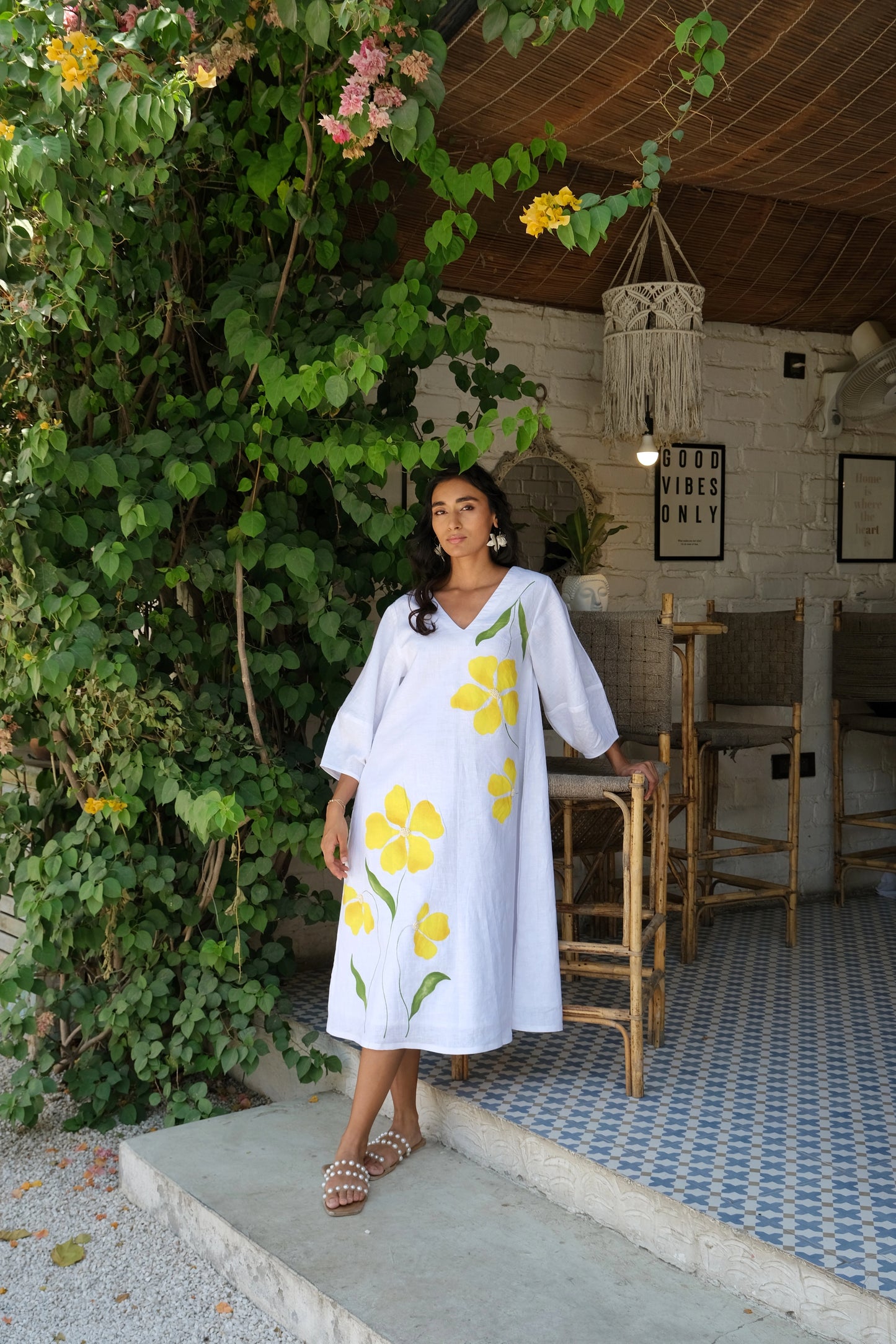 Blossom Hand-painted Linen Midi Dress