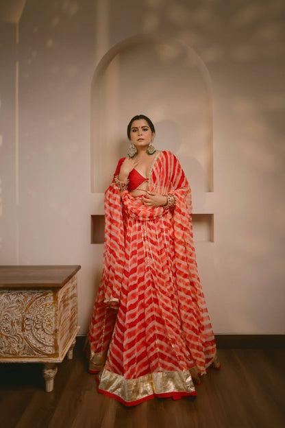 Red Shloka Leheriya Lehenga