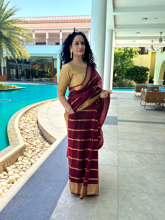 Ruby Gold Stripe Ready-to-wear Pocket Saree