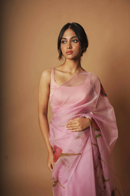 Rose Blush | Lavender Floral Handpainted Organza Saree