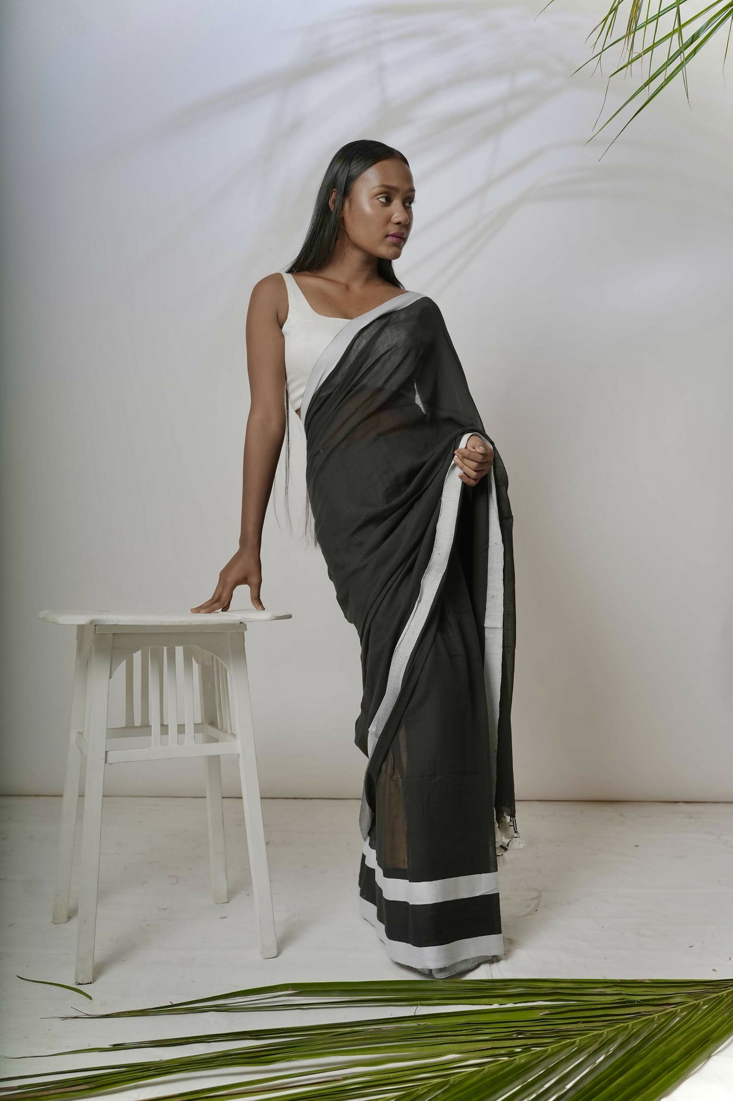 White & Black Cotton Handloom Saree With Black Border